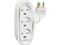 Stikdåse med 3 runde udtag, med jord. 5m ledning, med stikprop. Farve hvid. 10A 250V