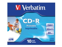 Verbatim - 10 x CD-R - 700 MB (80 min) 52x - blekkstråleskrivbar overflate, bred skrivbar overflate - CD-eske