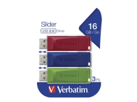 Verbatim Slider - USB-flashstasjon - 16 GB - USB 2.0 - blå, rød, grønn (en pakke 3)