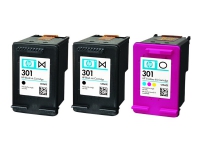HP 301 Tri-pack - 3 stk. - 2 x sort - 1 x farve (cyan, magenta, gul) - original - blækpatron - for Deskjet 1000 J110, 1050A J410, 1051A J410, 10XX, 10XX J410, 2050 J510, 2050A J510