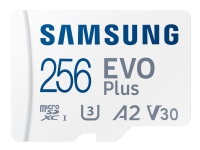 Samsung EVO Plus MB-MC256KA - Flashminnekort (microSDXC til SD-adapter inkludert) - 256 GB - A2 / Video Class V30 / UHS-I U3 / Class10 - microSDXC UHS-I - hvit