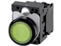 Lystrykknap, 22 mm, rund, plastik, grøn, flad, momentan kontakt type, med holder, 1NO, LED modul