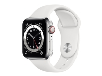 Apple Watch Series 6 (GPS + Cellular) - 40 mm - sølv rustfritt stål - smartklokke med sportsbånd - fluorelastomer - hvit - båndbredde: S/M/L - 32 GB - Wi-Fi, Bluetooth - 4G - 39.7 g