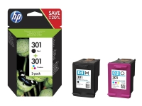 HP 301 - 2-pack - svart, farge (cyan, magenta, gul) - original - blekkpatron - for Deskjet 1050A J410, 1051A J410, 10XX, 10XX J410, 15XX, 2000, 2050 J510, 2050A J510, 2054A J510, 25XX, 3000, 3050 J610, 3050A J611, 3052A J611, 3054A J611, 3055A J611,