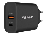 Fairphone - Strømadapter - 30 watt - 2 utgangskontakter (USB, USB-C) - svart - Europa