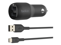 Belkin BOOST CHARGE Dual Charger - Bilstrømadapter - 24 watt - 4.8 A - 2 utgangskontakter (USB) - på kabel: USB-C - svart