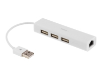 DELTACO USB2-LAN3 - Nettverksadapter - USB 2.0 - 10/100 Ethernet x 1 + USB 2.0 x 3 - hvit