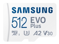 Samsung EVO Plus MB-MC512KA - Flashminnekort (microSDXC til SD-adapter inkludert) - 512 GB - A2 / Video Class V30 / UHS-I U3 / Class10 - microSDXC UHS-I - hvit