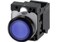 SIEMENS Belyst trykknap, 22MM, rund, plastik, blå, flad knap, 1NO, LED modul, med integreret LED 24V AC/DC, fjedertype.