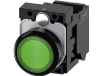 SIEMENS Lystryk, 22MM, rund, plastik, grøn, flad knap, 1NO, LED modul med integrerede LED 24V AC/DC