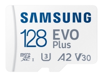 Samsung EVO Plus MB-MC128KA - Flashminnekort (microSDXC til SD-adapter inkludert) - 128 GB - A2 / Video Class V30 / UHS-I U3 / Class10 - microSDXC UHS-I - hvit