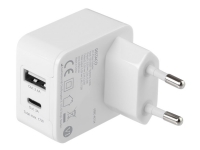 DELTACO USBC-AC134 - Strømadapter - 17 watt - 3 A - 2 utgangskontakter (USB, USB-C) - hvit