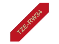 Brother TZe-RW34 gavebånd 12mm x 4m - guld på vinrød satinbånd