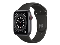Apple Watch Series 6 (GPS + Cellular) - 44 mm - space gray aluminum - smartklokke med sportsbånd - fluorelastomer - svart - båndbredde: S/M/L - 32 GB - Wi-Fi, Bluetooth - 4G - 36.5 g
