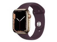 Apple Watch Series 7 (GPS + Cellular) - 45 mm - gyllen rustfritt stål - smartklokke med sportsbånd - fluorelastomer - mørk kirsebær - båndbredde: Regular - 32 GB - Wi-Fi, Bluetooth - 4G - 51.5 g