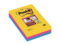 Post-it super sticky large notes rio-farver, 3 linjerede blokke, 101mm x 152mm