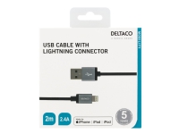 DELTACO IPLH-228F - Lightning-kabel - Lightning hann til USB hann - 2 m - svart - for Apple iPad/iPhone/iPod (Lightning)