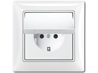 ABB-basic55 Schuko-stikkontakt, IP44, blank hvid, 16A, 1 modul,leveres komplet inkl. ramme og afdækning med pillesikring og klaplåg