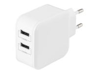 DELTACO - Strømadapter - 24 watt - 4.8 A - 2 utgangskontakter (USB) - hvit