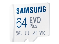 Samsung EVO Plus MB-MC64KA - Flashminnekort (microSDXC til SD-adapter inkludert) - 64 GB - A1 / Video Class V10 / UHS-I U1 / Class10 - microSDXC UHS-I - hvit
