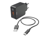 Hama Prime Line Charger Kit - Strømadapter - 19.5 watt - 3 A - QC 3.0 (USB-type A) - på kabel: USB-C - svart